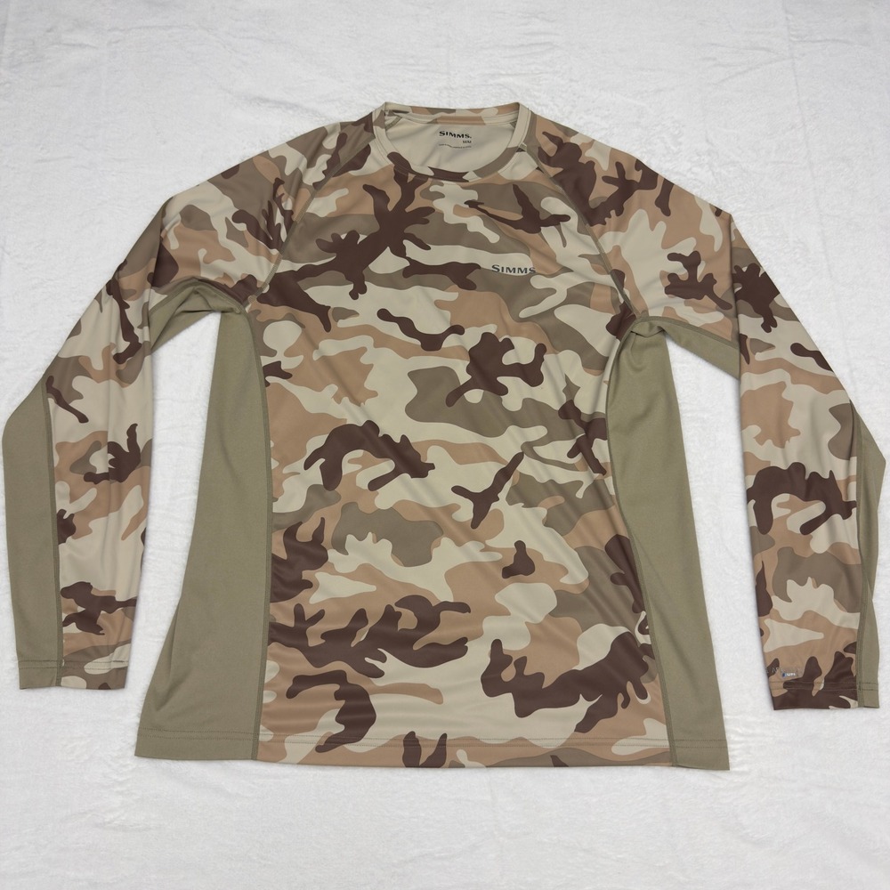 Simms SolarFlex Crewneck Shirt Mens Medium Camo UPF 50 Long Sleeve Fishing Tee